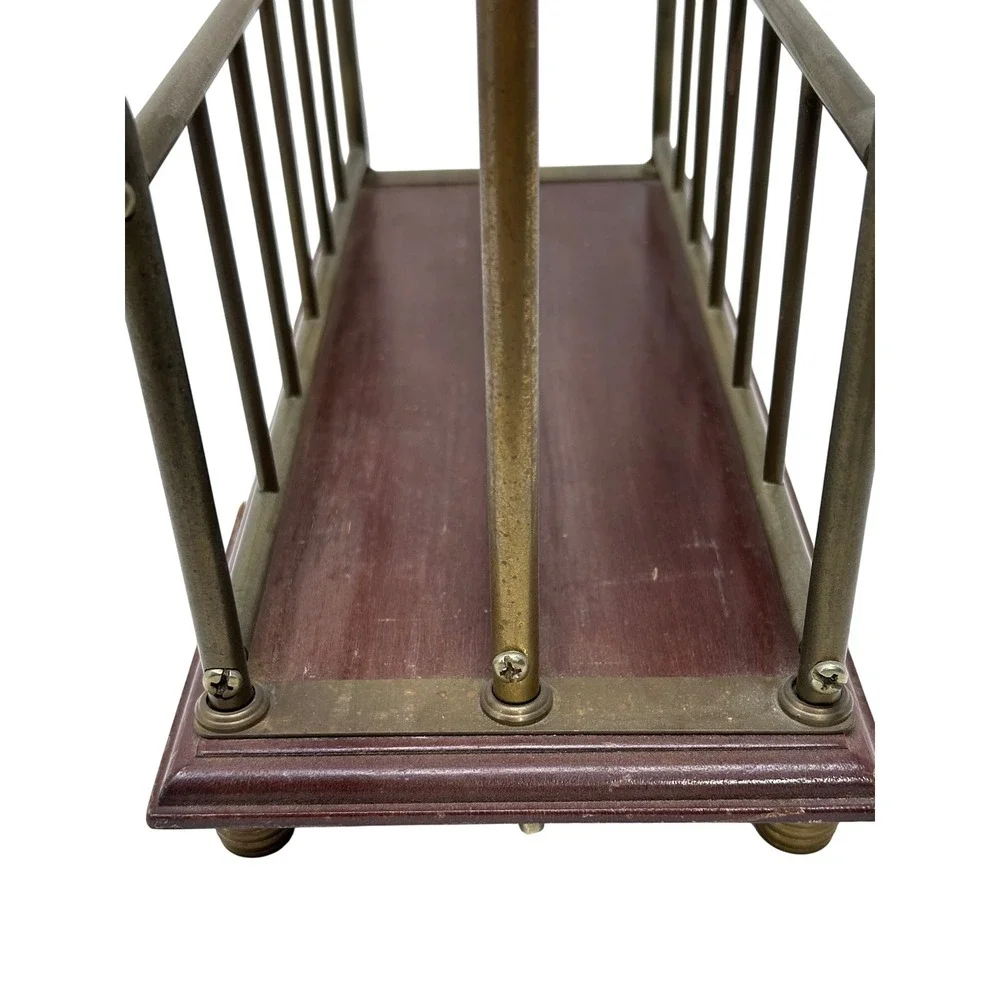 Vintage Brass Magazine Rack Wood Base Scroll Handle Double Slot Record Holder‎